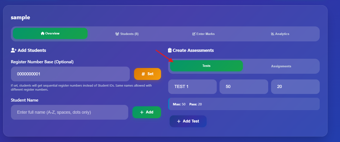 Assessment Setup and Configuration Screen
