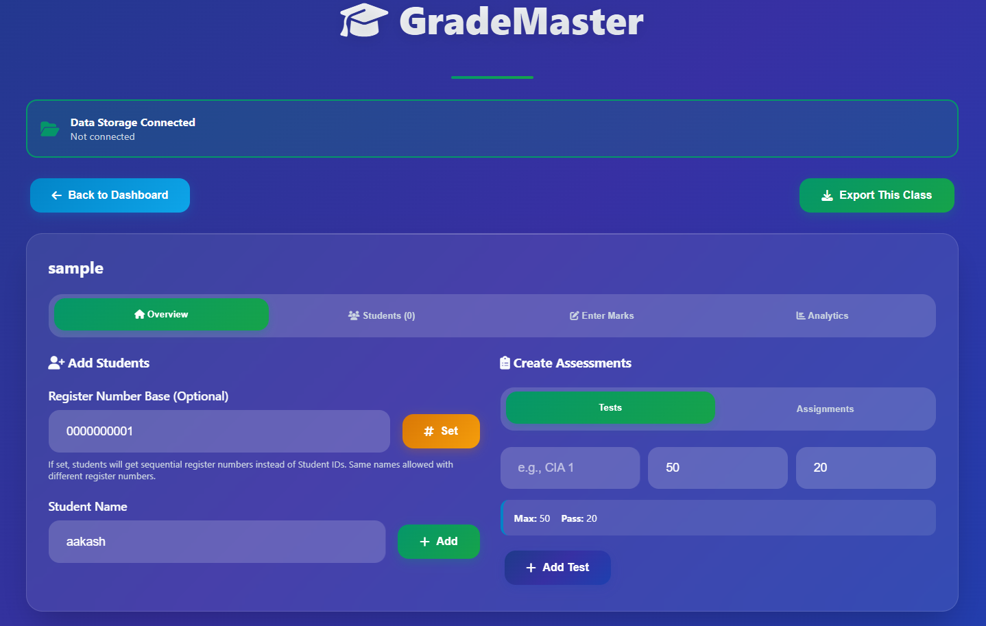 Class Creation and Management Screen